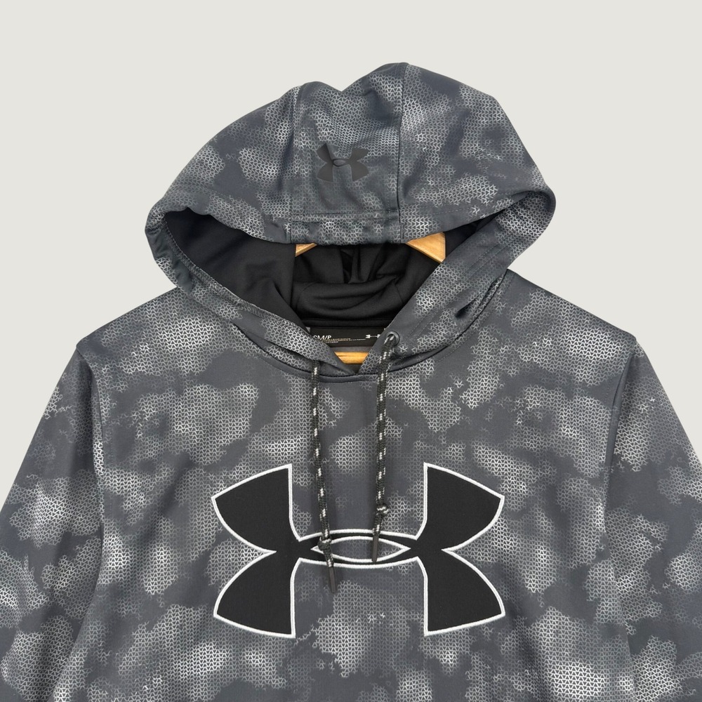 Under Armour ColdGear Mens Small Grey Geometric Camo Hoodie Loose Fit Sweatshirt